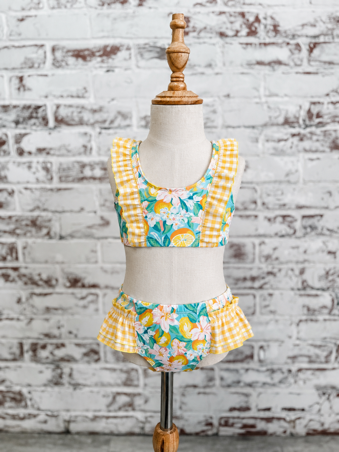 Girls Swimsuit Yellow Plaid Ruffle Lemon