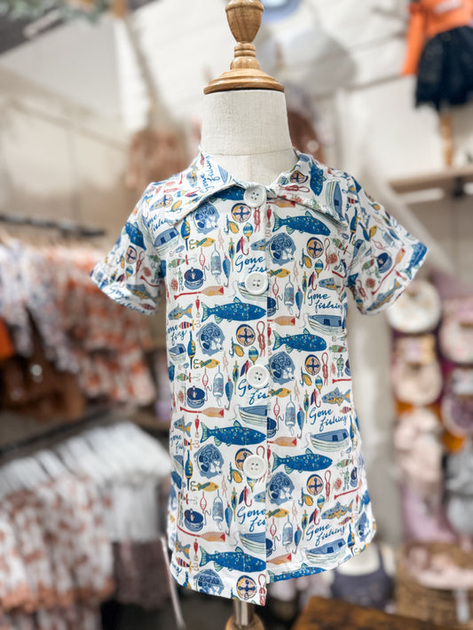 Boys Blue Fish Button Down Shirt