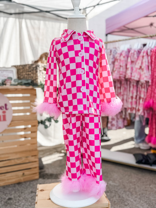 Girls Checkered Fluffy Print Fashion Pajamas