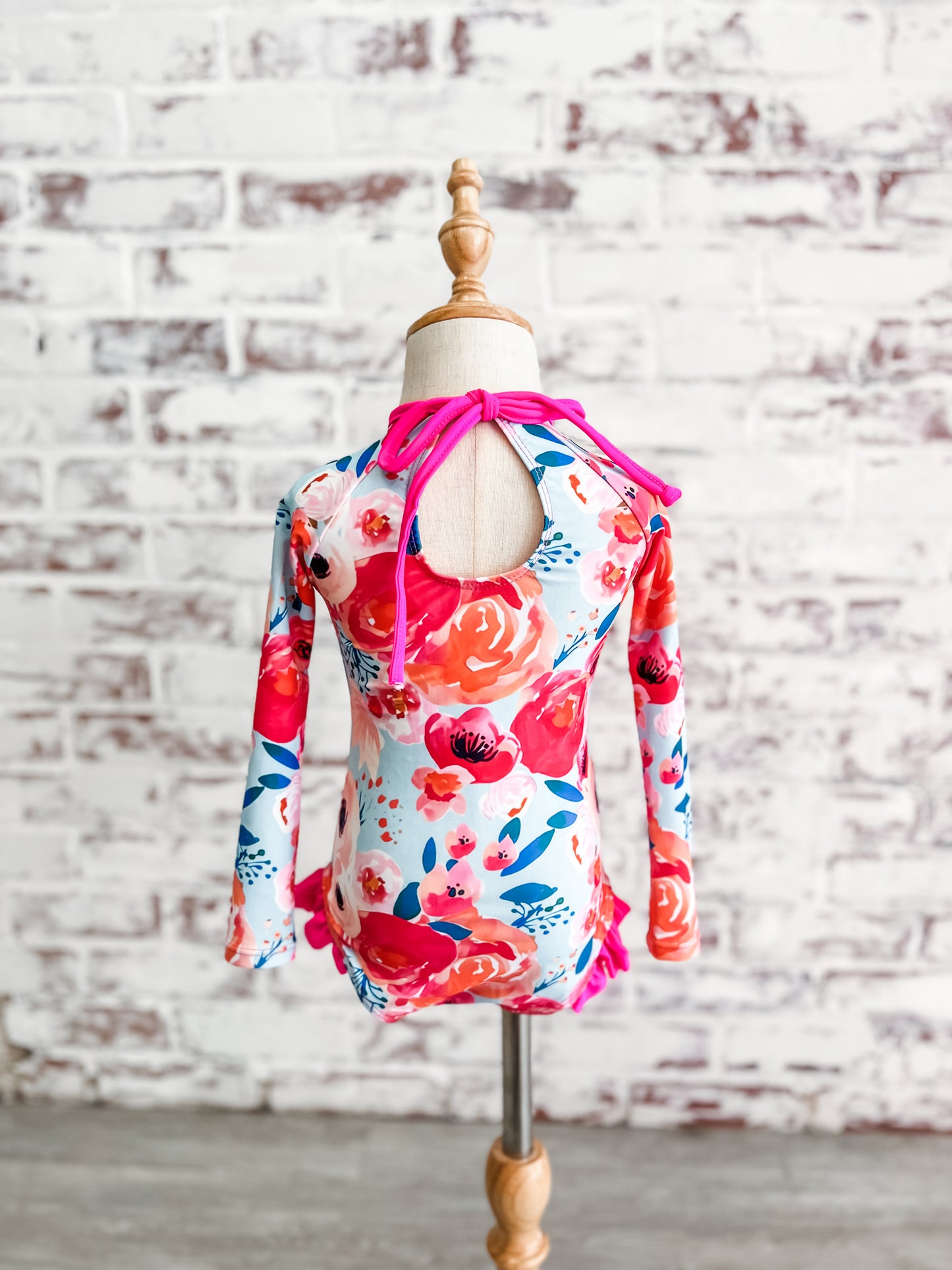 Girls Swimsuit Hot Pink Roses Long Sleeve One Piece