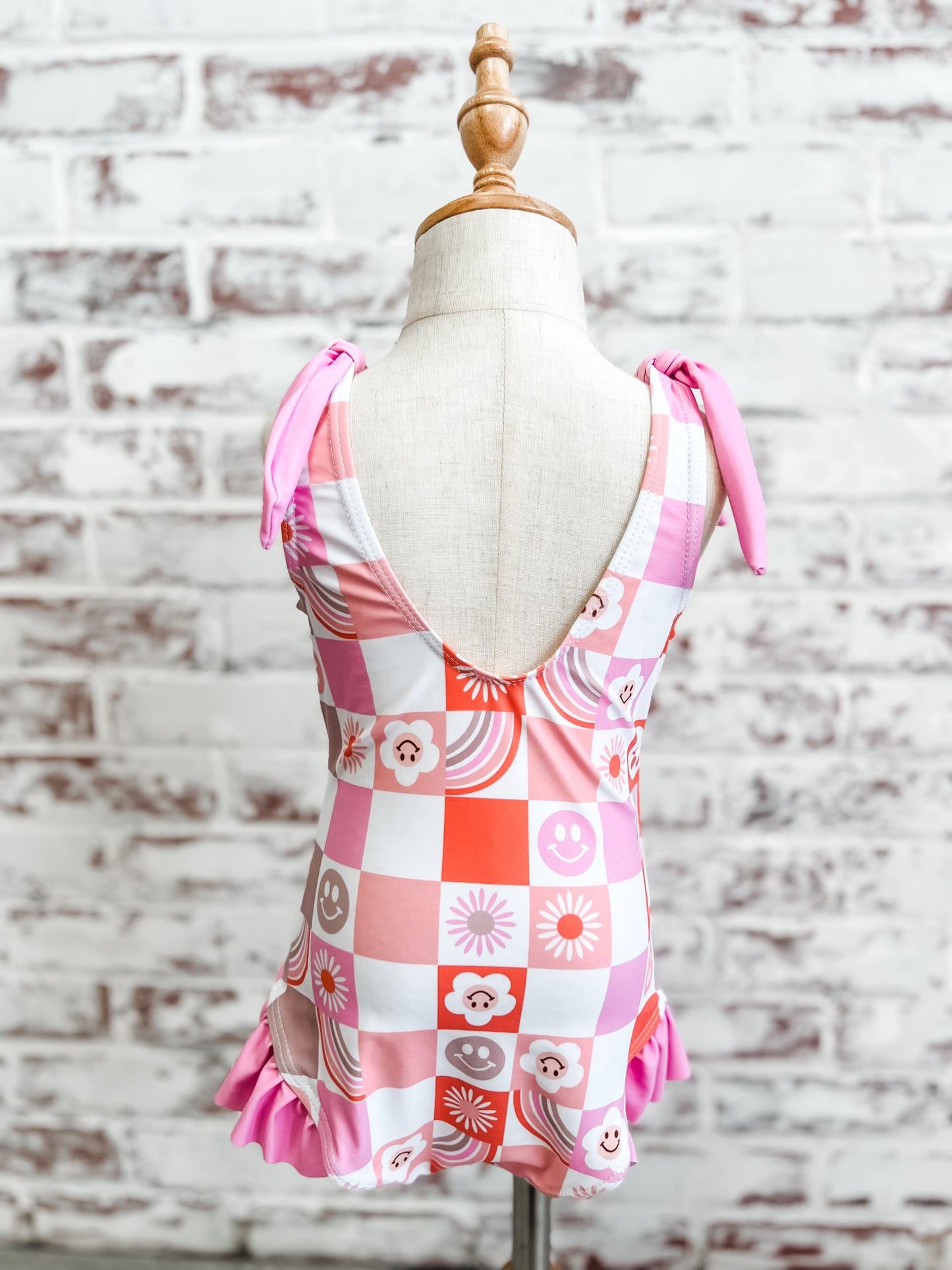 Girls Swimsuit Daisies & Rainbows Checkered