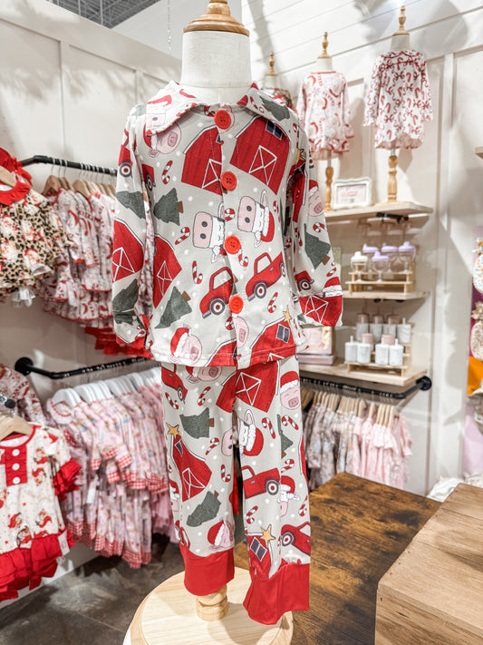 Boys Christmas Tractor Button Up 2pc Pajamas
