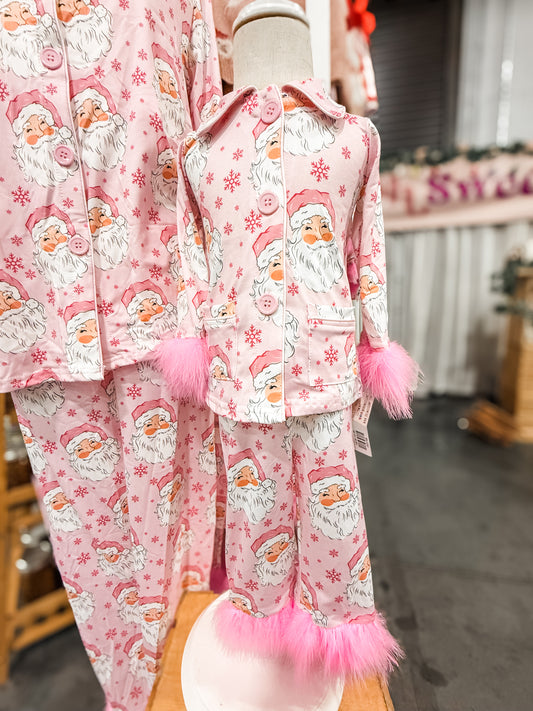 Girls Pink Santa Fluffy Print Fashion Pajamas
