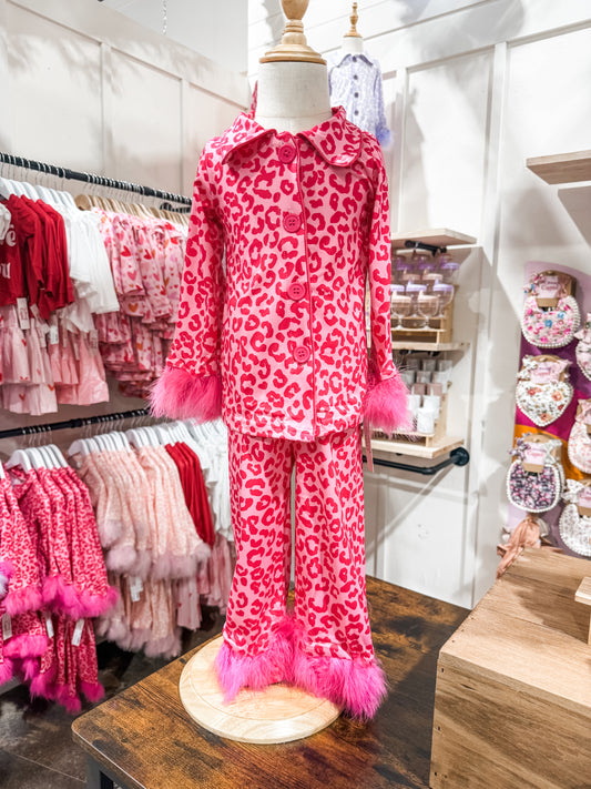 Girls Hot Pink Fluffy Print Fashion Pajamas
