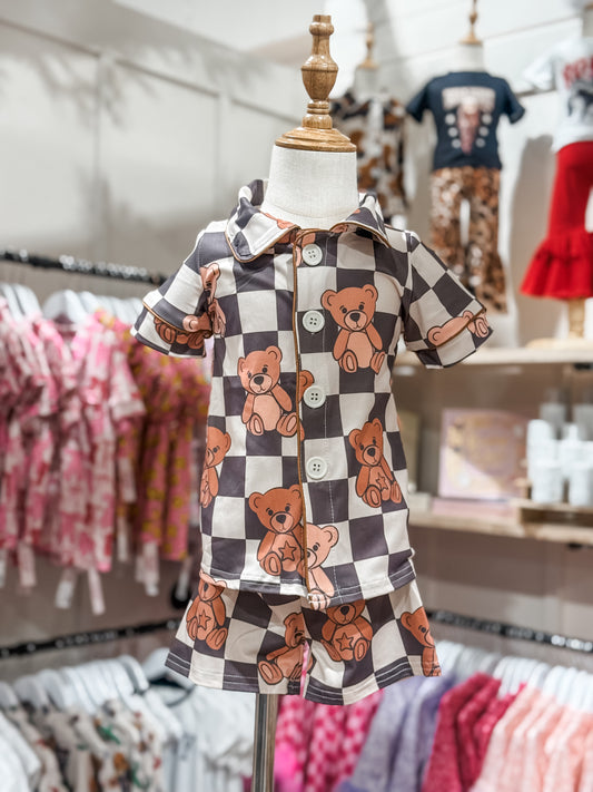 Unisex Checkered Teddy Bear Earth Tone Pajama Set