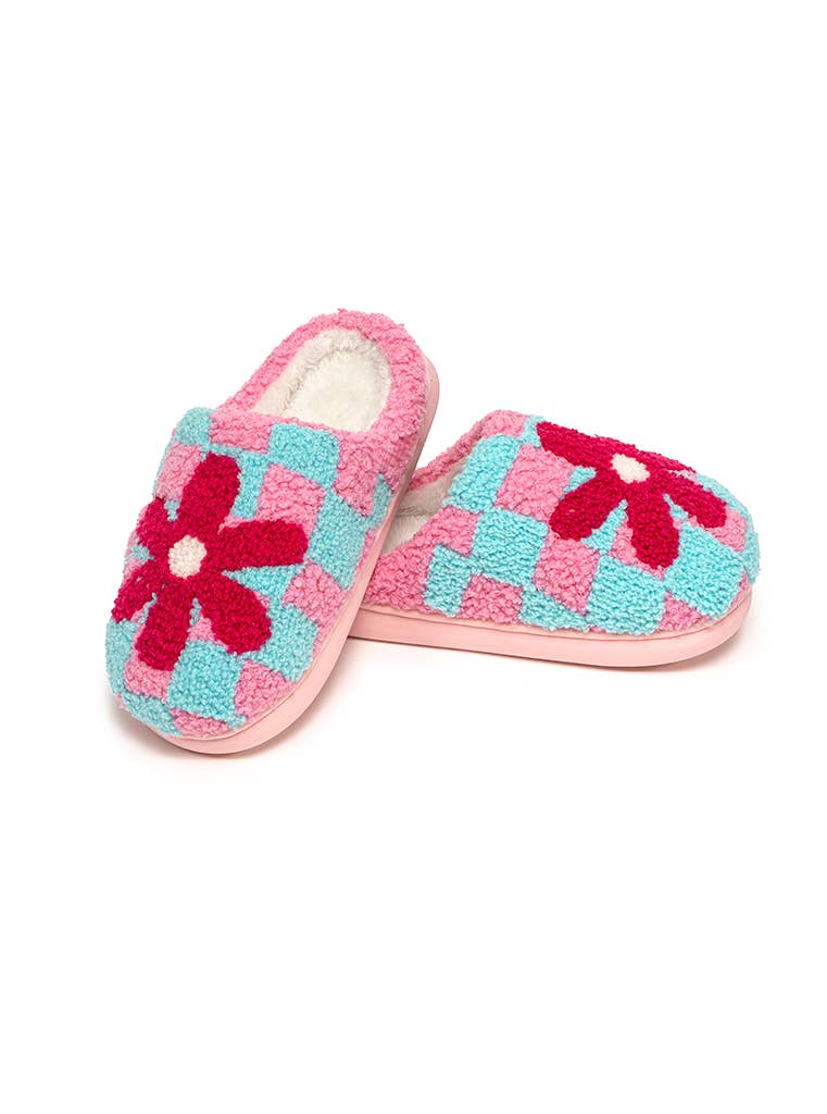 Indoor / Outdoor Slippers - Kids- Checker w/Red Flower -Pink: BIG KIDS 1-3
