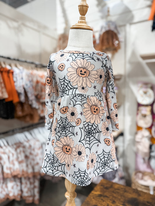 Girls Spiderweb Pumpkin Sunflower Dress