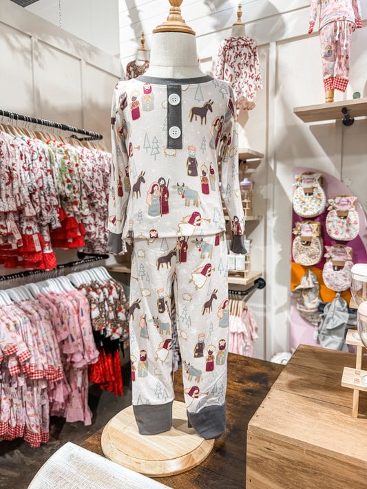 Boys Christmas Grey Nativity 2pc Pajamas