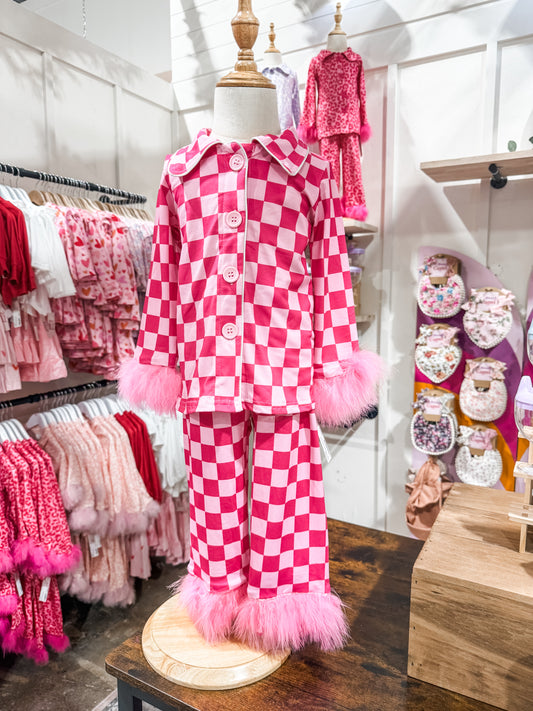 Girls Checkered Fluffy Print Fashion Pajamas