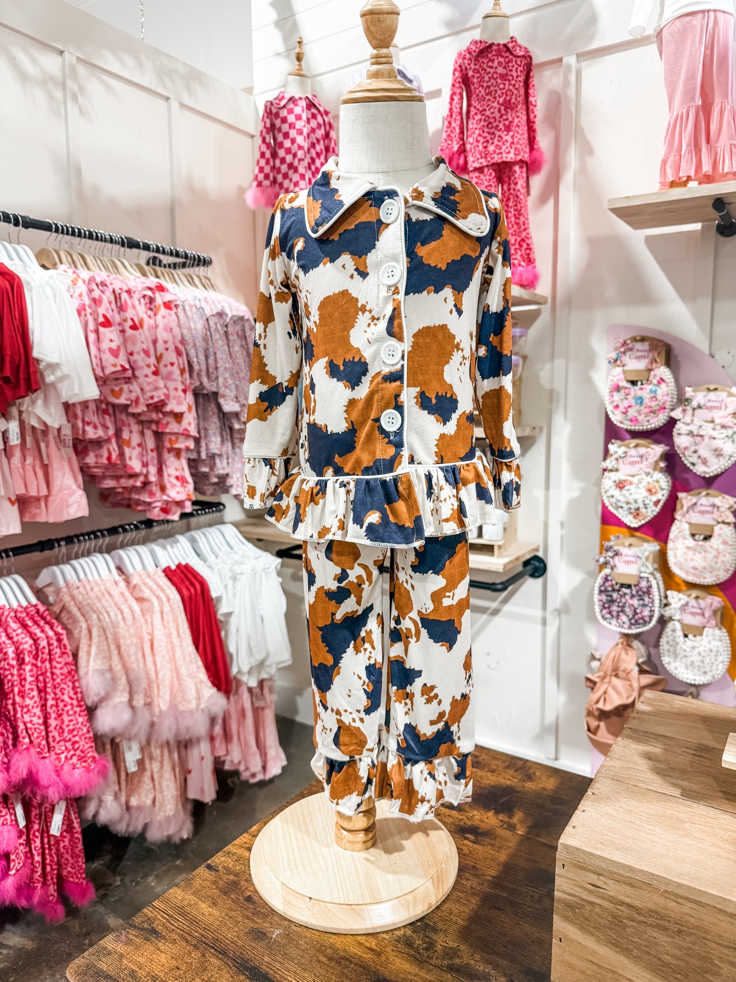 Chocolate Brown Cow Print Ruffled Pajama Set